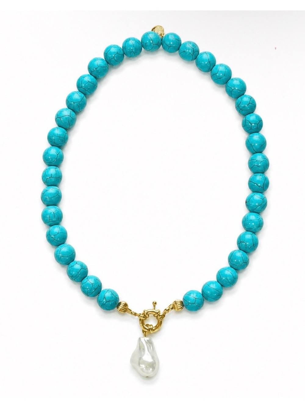 Gold-Accented Turquoise Bead Necklace with Pearl Pendant by Mayamar